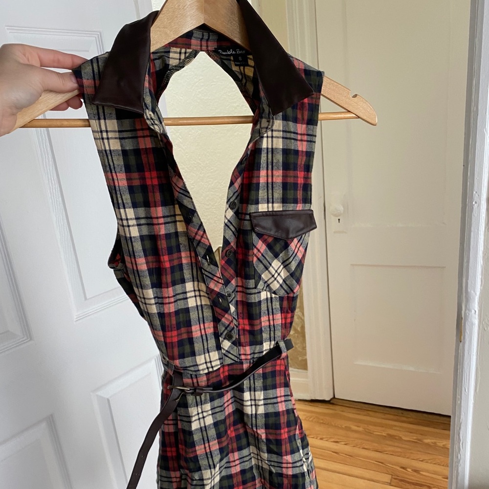 Plaid shirt dress with brown leather collar